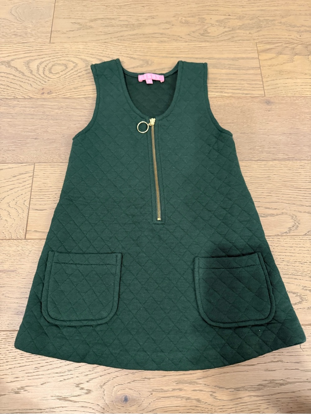Bisby Girls Size 2 Green Quilted Sleeveless Dress Front Zip Pockets